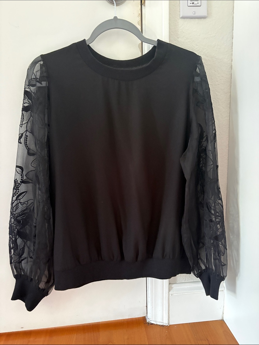 Express Black Pullover with Sheer Floral Lace Sleeves